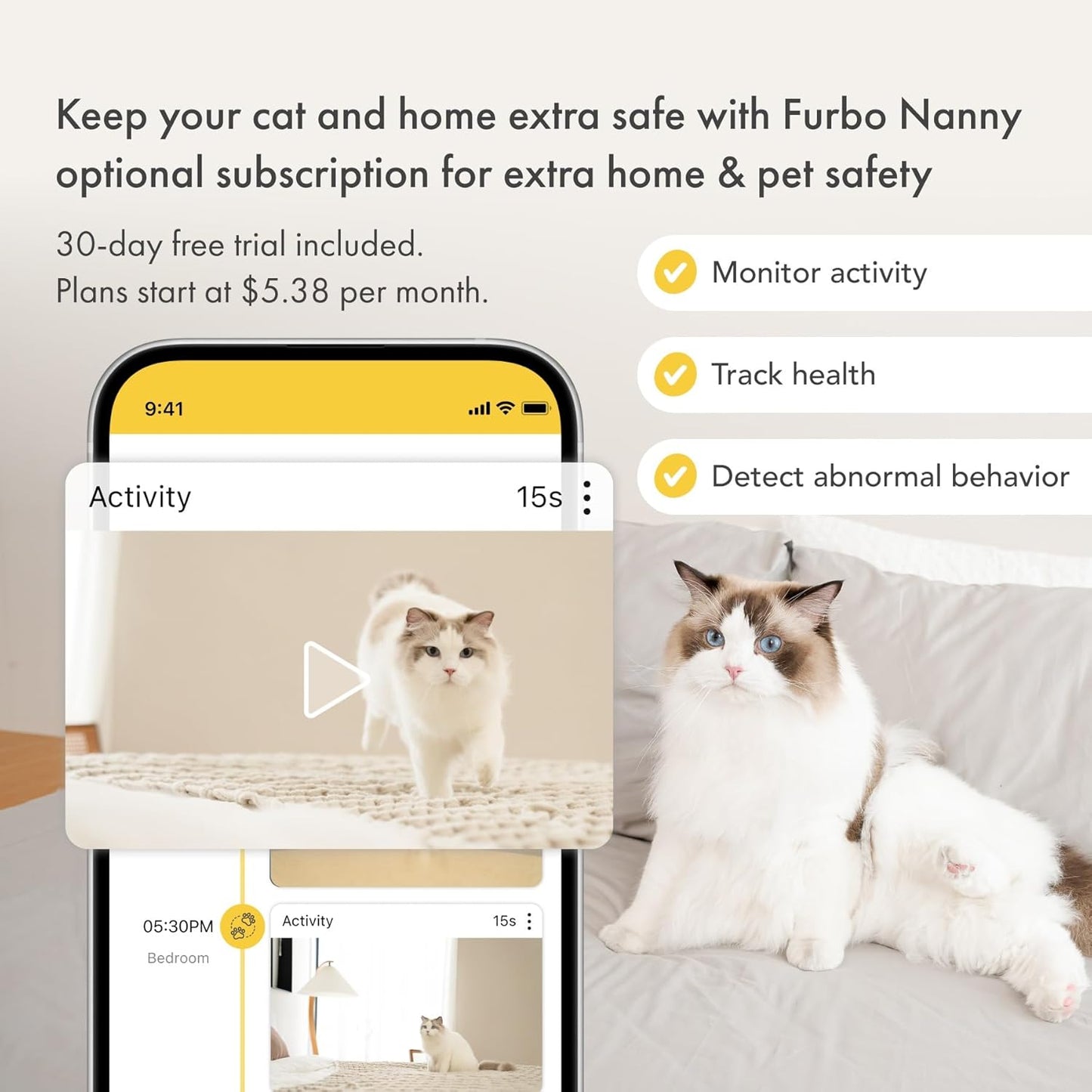 360° Cat Camera: Home Security Camera with Meowing Alerts, Rotating Pet Treat Camera with Phone App, Smart Home Indoor Kitty Cam with 2-Way Speaker and Night Vision (No Subscription Required)