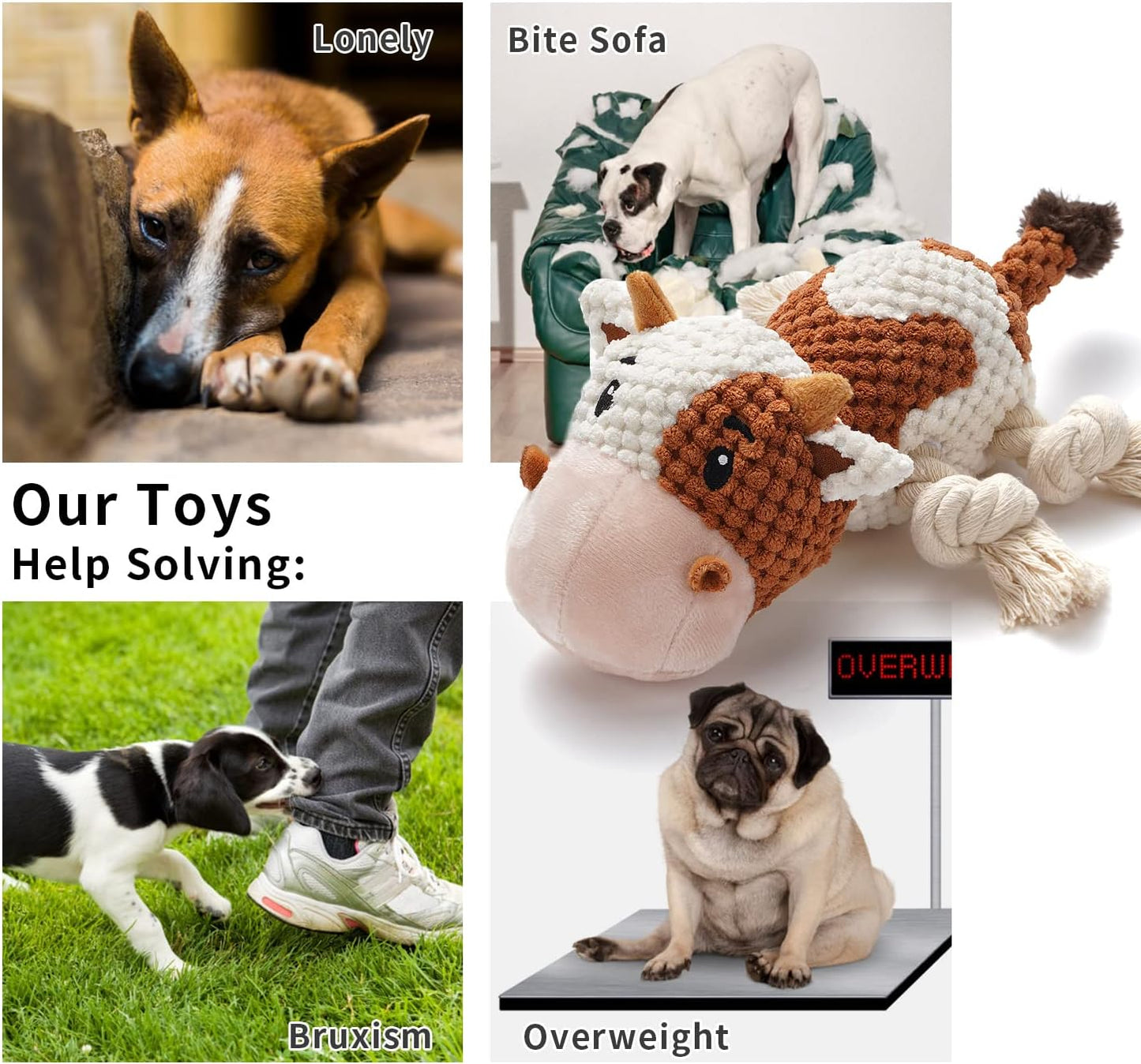 Dog Toys, Dog Plush Toy for Large Breed, Cute Squeaky Dog Toys with Crinkle Paper, Dog Chew Toys for Puppy, Small, Middle, Big Dogs (Cow)