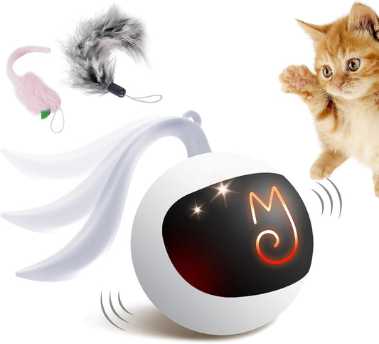 Interactive Cat Ball Toy Set, Fun Tracker, Automatic Rolling Chase Ball with Fluffy Tail, a Small Mice, Rechargeable (White)